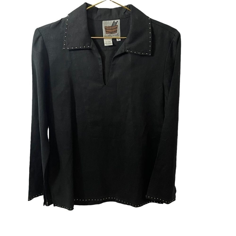 In The Wash Black 100% Linen Studded Split Neck Tunic Blouse MED